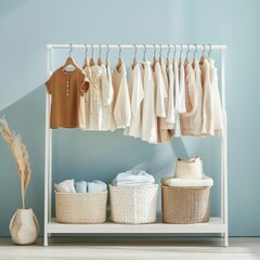 White clothes rack with baby clothes and storage baskets against a light blue wall.