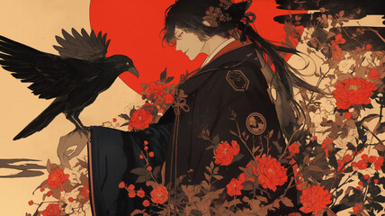 Fototapeta premium 着物を着た中世的な男性のイラスト,日本の伝統文化のファッション、文化