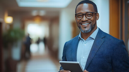 Smiling Businessman Holds Tablet in Blurred Office Hallway, Confidently Navigating Digital Landscape