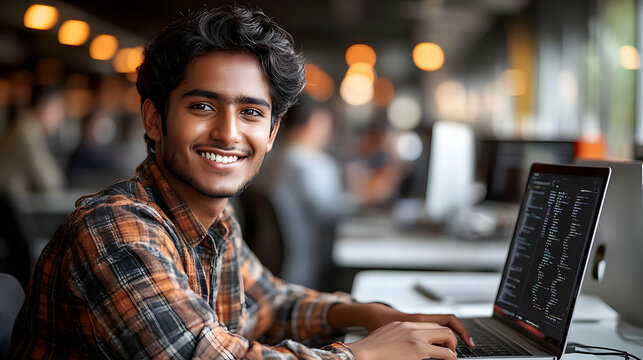 Young Man Works on Laptop, Coding Enthusiastically in Busy Office Environment