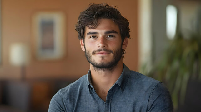 Portrait of a Young Man with Brown Hair and a Beard in a Gray Shirt, Confidently Smiling