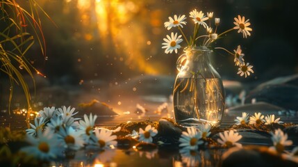 Daisies in glass jar by the river at sunset.