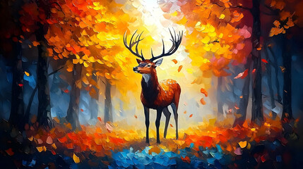 Majestic Deer Stands Gracefully in Autumn Forest with Falling Leaves