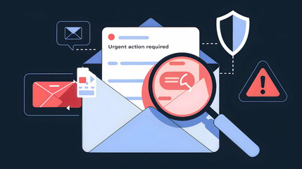 Cybersecurity warning concept showing urgent email alert, magnifying glass, shield, and icons for phishing detection and data security.