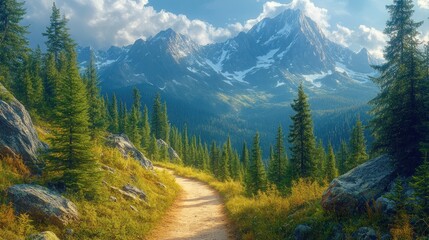 Fototapeta premium Mountain path, trees, scenic view, majestic peaks.
