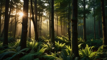 desktop wallpaper,Lush green forest with sunlight filtering through trees

