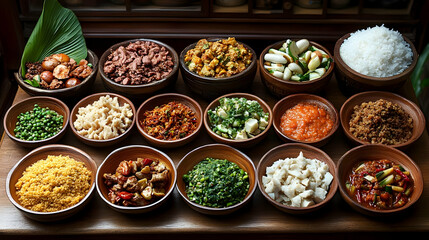 Variety of cooked foods displayed attractively in small bowls neatly on a wooden table top.