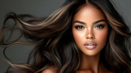 Naklejka premium Hair Beauty, Styling: Flowing, Shiny Hair Achieves Gorgeous Style Effortlessly