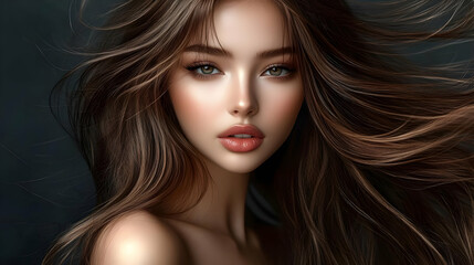 Naklejka premium Beauty Flows: Hair Blows in Wind, Glamour Portrait, Soft Light, Fashion, Style