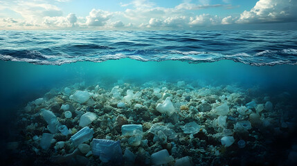 Fototapeta premium Plastic Pollution Plagues the Ocean Floor Under a Serene Sky