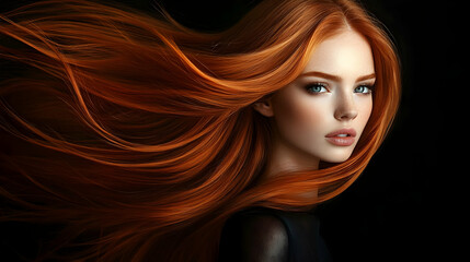 Fototapeta premium Long Red Hair Flows Beautifully and Majestically in the Wind
