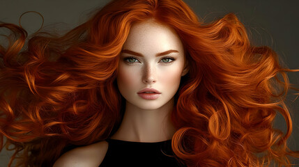 Fototapeta premium Red Hair Beauty Shows Off Long, Flowing, Luxurious Curls Elegantly