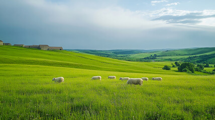 Rural landscape with green fields and grazing sheep under a clear sky