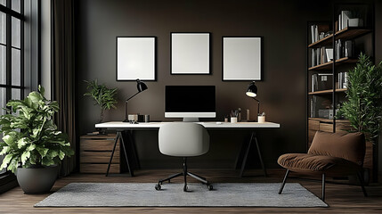 Modern Home Office Interior Design Showcases a Stylish and Functional Workspace with Mockup Frames