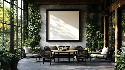 3D Illustration Showcases a Cozy Patio with Blank Canvas Amidst Lush Greenery and Elegant Furniture