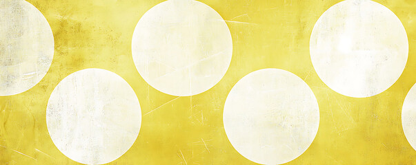 An artistic yellow background featuring faded and distressed textures with bold white circular shapes, creating a striking abstract design rich in visual interest.