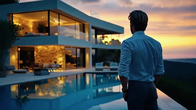 Person enjoying the view of a modern home and pool as the sky glows with warm sunset hues. embodying luxury and relaxation.