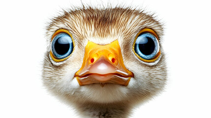 Fototapeta premium Baby Bird Looks with Big Eyes, Close-up View, Feathered Head, Orange Beak, White Background