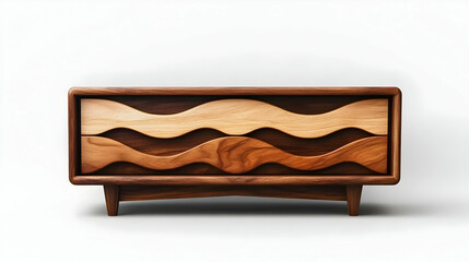 Wooden Chest of Drawers with Wavy Design Stands Elegantly on a White Background.