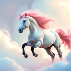 White horse with pink hair is running through the sky