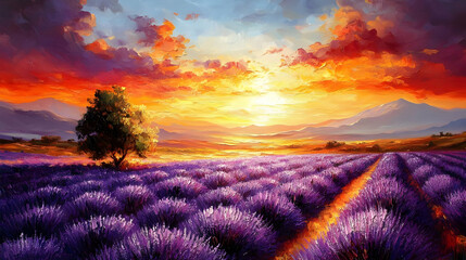 Fototapeta premium Lavender Field Meets Sunset Glow Over Mountains Beautifully
