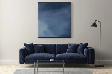 A modern living room featuring a navy couch, abstract art, and minimalist decor.