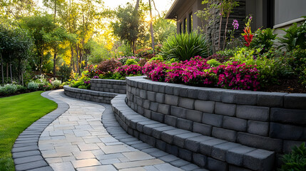 Obraz premium Curving Paver Pathway Winds Through Lush Garden with Tiered Retaining Wall at Sunrise