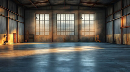 Empty Industrial Warehouse Interior with Large Windows and Concrete Floor Reflecting Sunlight