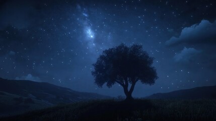 Solitary tree silhouetted against a night sky filled with stars and a faint Milky Way, over rolling hills.
