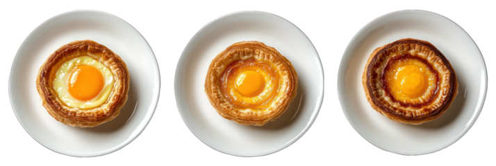 Three plates of rich custard filled Egg Tarts, white PNG.