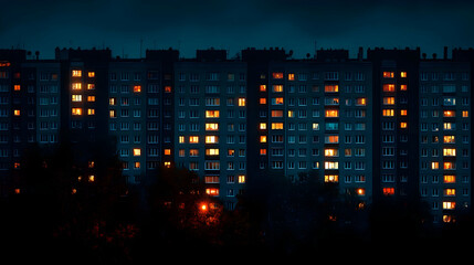 Apartment Building Illuminates the Night with Warm Glowing Windows Peacefully at Dusk