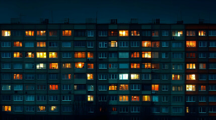 Apartment Building Shows Illuminated Windows at Night, Creating a Warm and Inviting Atmosphere
