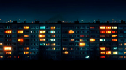 Apartment Building at Night Shows Glowing Windows from Inside with City Skyline in Background