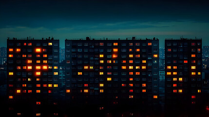 Apartment Buildings at Night Show Lighted Windows and Dark Facades Under a Twilight Sky
