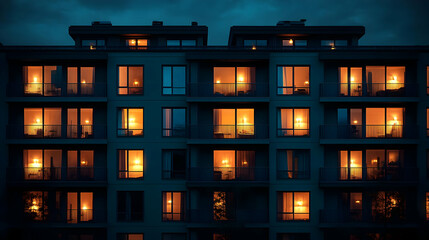 Apartment Building Illuminates with Warm Light at Night, Creating a Cozy Ambiance in the Urban Landscape
