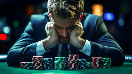 Gambler Holds Head After Losing Hand at Casino Table with Poker Chips