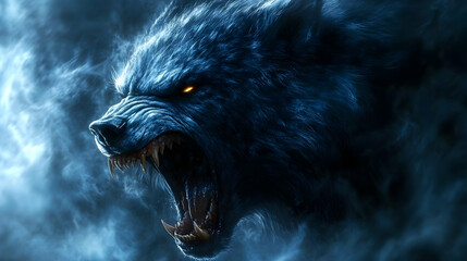 Wolf Howls at Moon, Fangs Bared in Night Sky