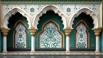 Obraz premium Elegant Arabesque Interior Design showcases intricate floral patterns on green walls, with white and gold arches framing the scene.