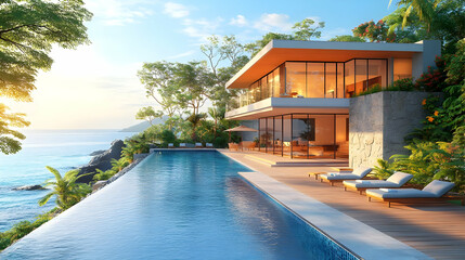 Fototapeta premium Modern Cliffside Villa with Infinity Pool Overlooking the Ocean at Sunset with Lush Tropical Landscape