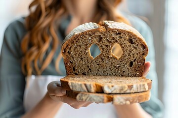 Woman with gluten intolerance holding sliced bread with unhappy face cut out due to celiac disease.