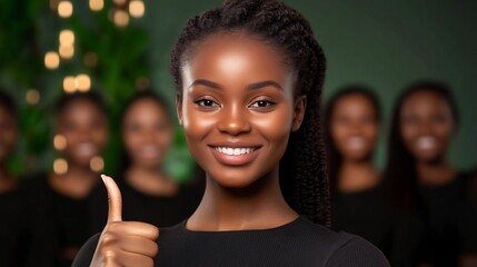 Close-up Photo: Confident Woman Smiles, Giving Thumbs Up, Festive Background. AI Generated
