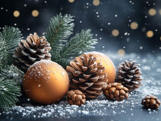 A festive arrangement featuring pinecones, ornaments, and snow, evoking holiday cheer.