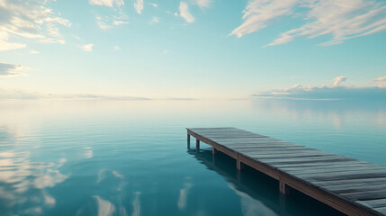 Fototapeta premium Tranquil lakeside reflection serene pier over water nature scene calm environment wide angle view peaceful concept