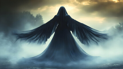 Mysterious Figure in Foggy Landscape with Dramatic Lighting and Ethereal Atmosphere