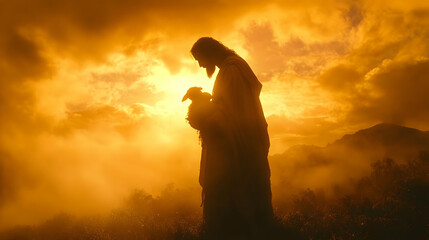 Fototapeta premium Shepherd Holds Lamb in Golden Sunset with Majestic Clouds and Fog