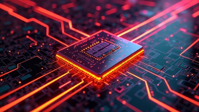 Abstract Close-Up of a Glowing Circuit Board with Central Processing Chip

