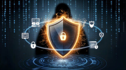 A glowing shield with a lock icon symbolizes cybersecurity, surrounded by circuits, binary code, and security icons, highlighting the fight against cyber threats and the need for digital protection