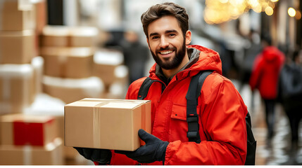 Delivery Man Holds Package Smiling Brightly Outdoors, Ready for Delivery Quickly