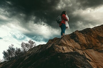A lone figure stands on a rocky outcrop under a dramatic sky, evoking a sense of adventure.