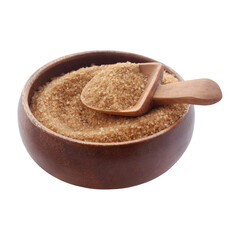 Brown sugar with wooden scoop over Transparent background.